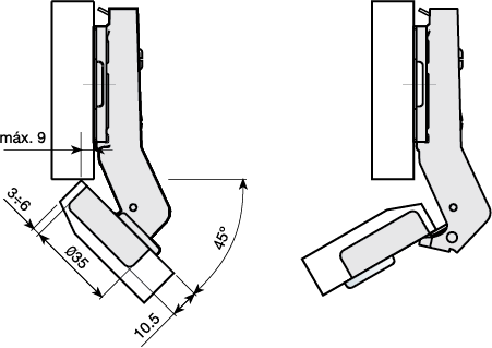 Mesuco 131 angle hinge 45 degree technical diagram