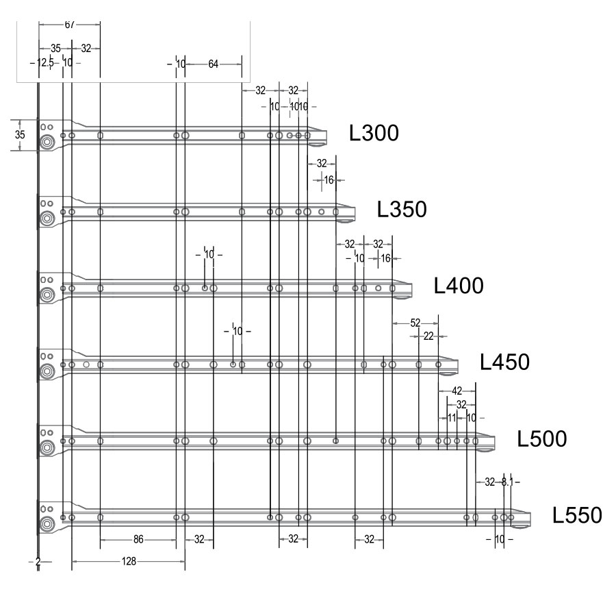 Drawer slide 1.0 mm thickness drilling diagram